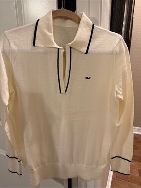 Vineyard Vines Cream Polo Sweater with Navy Trim
